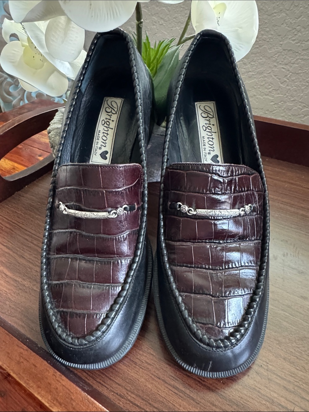 Brighton Women’s Croc-Embossed Slip-On Loafers with Silver-Tone Bit